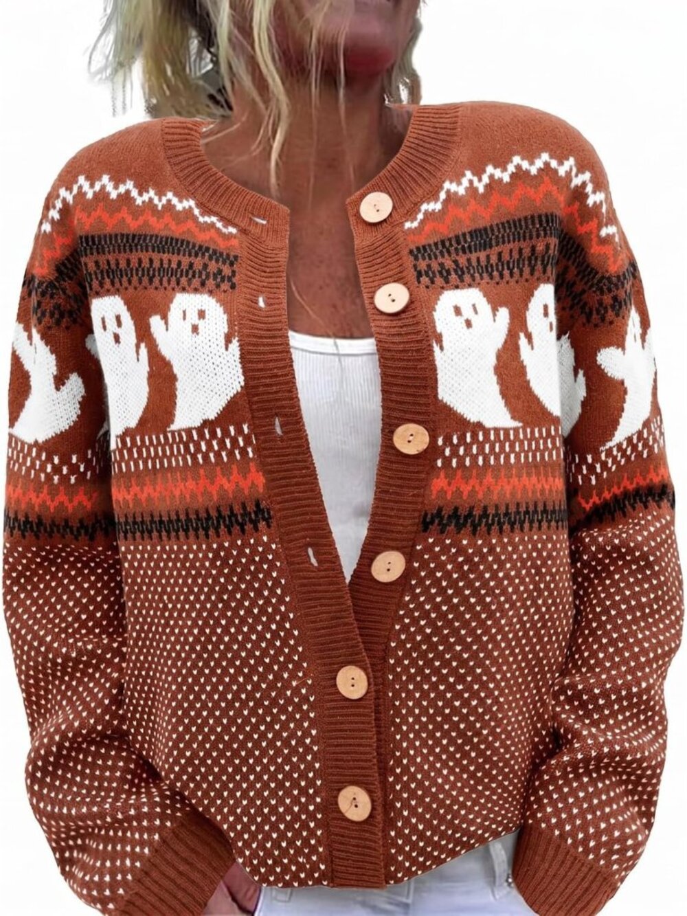 Women’s Brown Ghost Fair Isle Halloween Fall Knit Button Cardigan Sweater